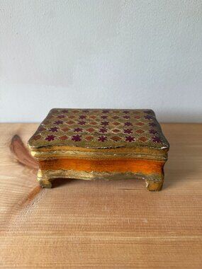Vintage Italian Florentine Gold Gilt Trinket Box | Red & Orange Wood Keepsake